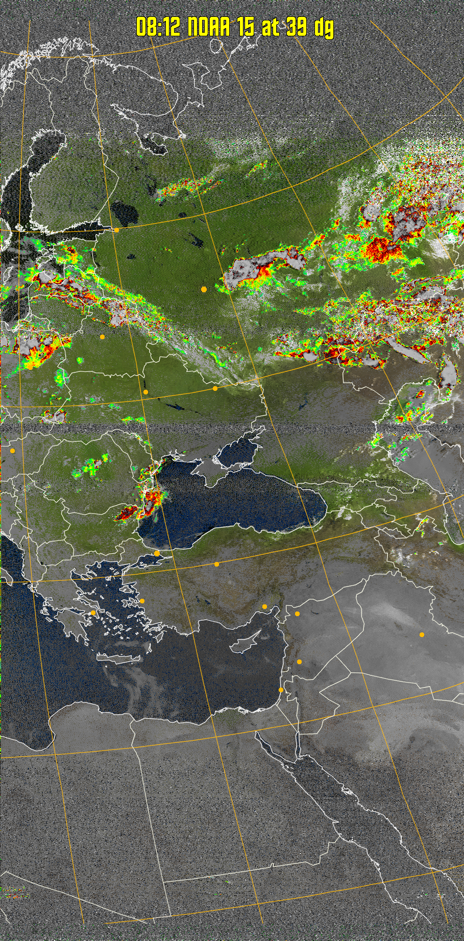 MSA-precip:
Same as MSA multispectral analysis, but high cold cloud tops are coloured the
same as the NO enhancement to give an approximate indication of the probability
and intensity of precipitation.