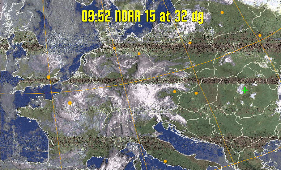 HVCT:
Similar to HVC, but with blue water and with colours more indicative of
land temperatures.
HVC:
Creates a false colour image from NOAA APT images based on temperature using
the HVC colour model. Uses the temperature derived from the sensor 4 image to
select the hue and the brightness from the histogram equalised other image to
select the value and chroma. The HVC colour model attempts to ensure that different colours at the same value will appear to the eye to be the same brightness
and the spacing between colours representing each degree will appear to the eye to
be similar. Bright areas are completely unsaturated in this model.