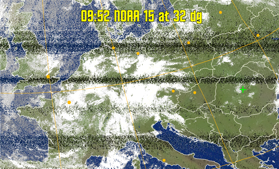 MCIR-precip: 
Colours the NOAA sensor 4 IR image using a map to colour the sea blue and land
green. High clouds appear white, lower clouds gray or land/sea coloured, clouds
generally appear lighter, but distinguishing between land/sea and low cloud may
be difficult. Darker colours indicate warmer regions.