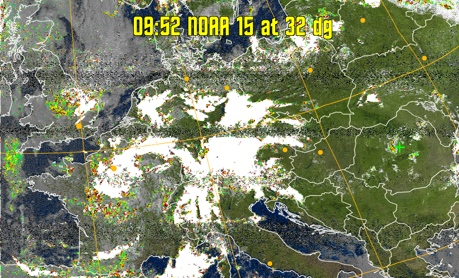 MSA-precip:
Same as MSA multispectral analysis, but high cold cloud tops are coloured the
same as the NO enhancement to give an approximate indication of the probability
and intensity of precipitation.