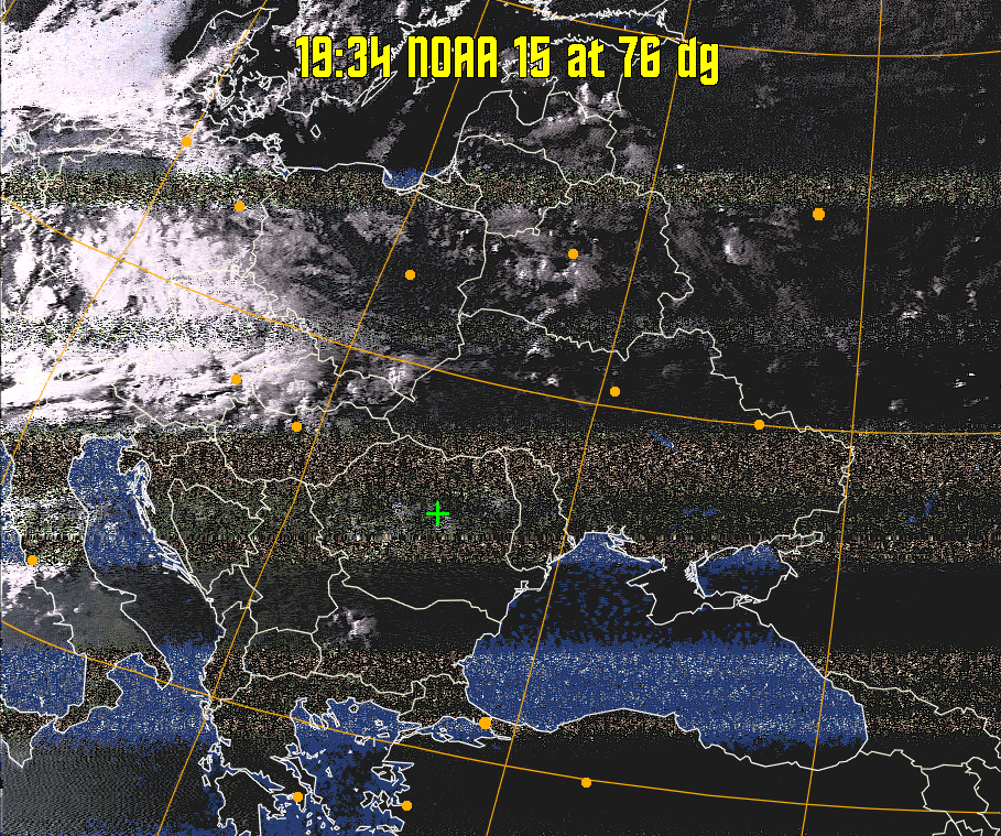 HVCT:
Similar to HVC, but with blue water and with colours more indicative of
land temperatures.
HVC:
Creates a false colour image from NOAA APT images based on temperature using
the HVC colour model. Uses the temperature derived from the sensor 4 image to
select the hue and the brightness from the histogram equalised other image to
select the value and chroma. The HVC colour model attempts to ensure that different colours at the same value will appear to the eye to be the same brightness
and the spacing between colours representing each degree will appear to the eye to
be similar. Bright areas are completely unsaturated in this model.
