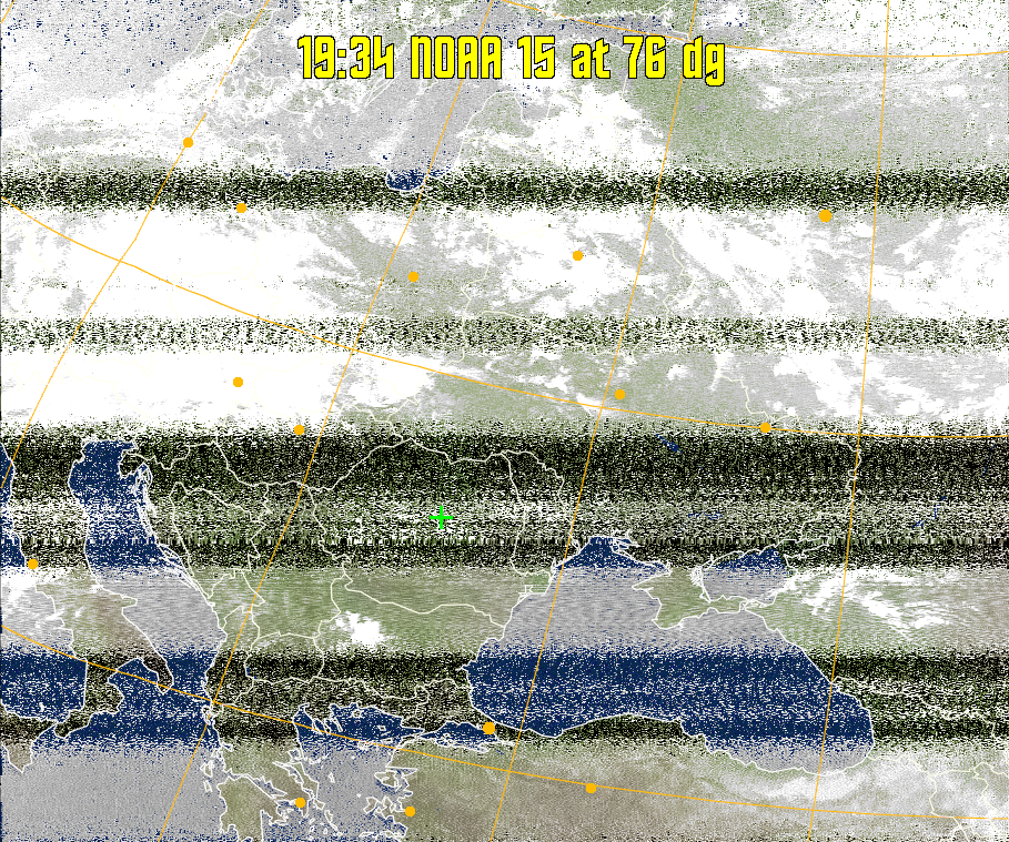 MCIR-precip: 
Colours the NOAA sensor 4 IR image using a map to colour the sea blue and land
green. High clouds appear white, lower clouds gray or land/sea coloured, clouds
generally appear lighter, but distinguishing between land/sea and low cloud may
be difficult. Darker colours indicate warmer regions.