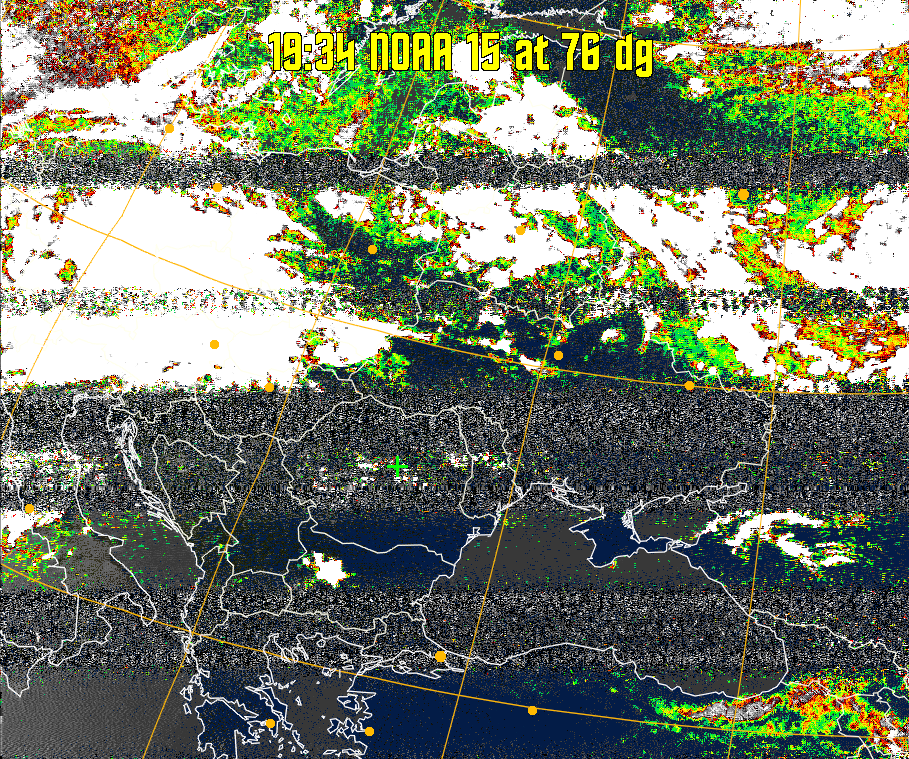 MSA-precip:
Same as MSA multispectral analysis, but high cold cloud tops are coloured the
same as the NO enhancement to give an approximate indication of the probability
and intensity of precipitation.