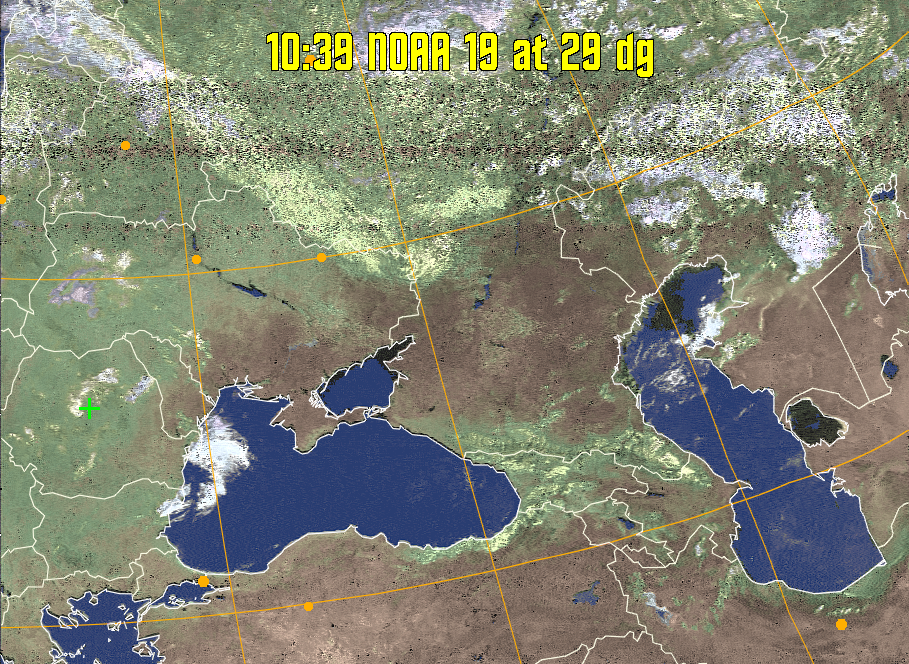 HVCT:
Similar to HVC, but with blue water and with colours more indicative of
land temperatures.
HVC:
Creates a false colour image from NOAA APT images based on temperature using
the HVC colour model. Uses the temperature derived from the sensor 4 image to
select the hue and the brightness from the histogram equalised other image to
select the value and chroma. The HVC colour model attempts to ensure that different colours at the same value will appear to the eye to be the same brightness
and the spacing between colours representing each degree will appear to the eye to
be similar. Bright areas are completely unsaturated in this model.