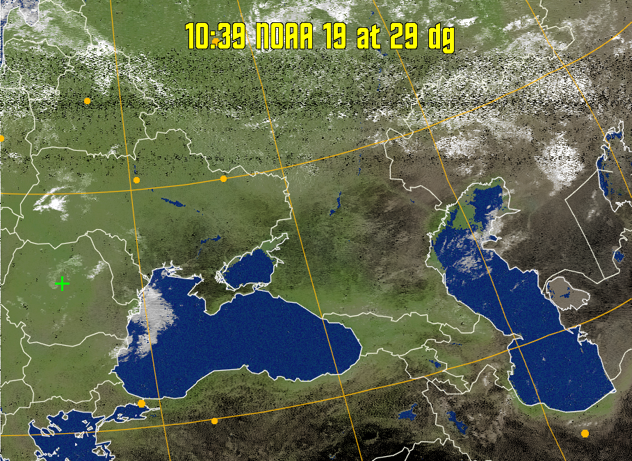 MCIR-precip: 
Colours the NOAA sensor 4 IR image using a map to colour the sea blue and land
green. High clouds appear white, lower clouds gray or land/sea coloured, clouds
generally appear lighter, but distinguishing between land/sea and low cloud may
be difficult. Darker colours indicate warmer regions.
