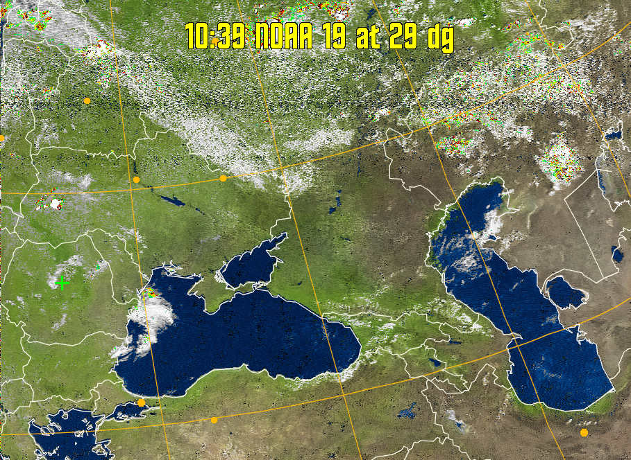 MSA-precip:
Same as MSA multispectral analysis, but high cold cloud tops are coloured the
same as the NO enhancement to give an approximate indication of the probability
and intensity of precipitation.