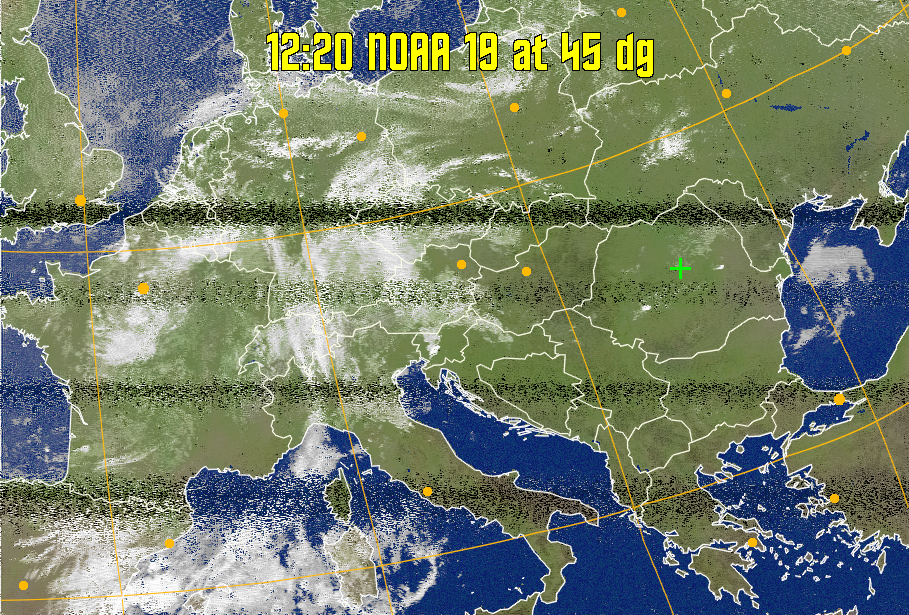 MCIR-precip: 
Colours the NOAA sensor 4 IR image using a map to colour the sea blue and land
green. High clouds appear white, lower clouds gray or land/sea coloured, clouds
generally appear lighter, but distinguishing between land/sea and low cloud may
be difficult. Darker colours indicate warmer regions.