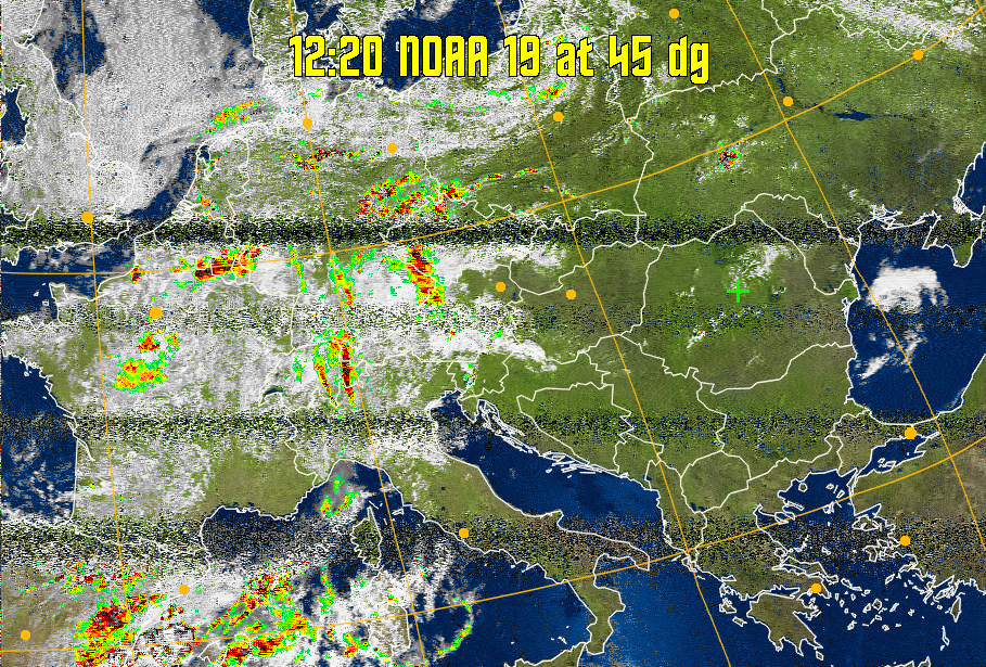 MSA-precip:
Same as MSA multispectral analysis, but high cold cloud tops are coloured the
same as the NO enhancement to give an approximate indication of the probability
and intensity of precipitation.