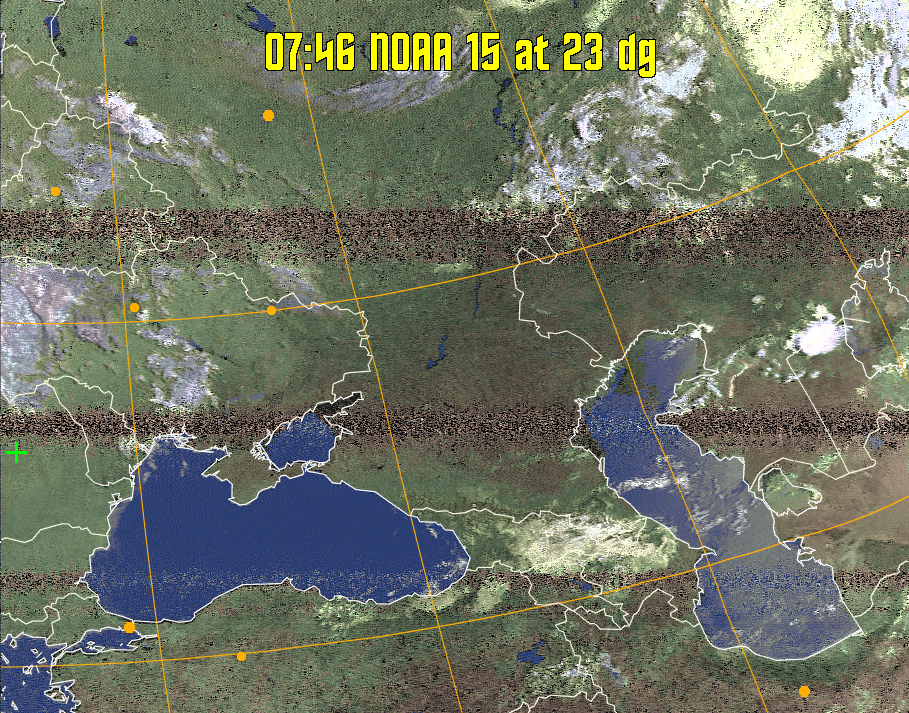 HVCT:
Similar to HVC, but with blue water and with colours more indicative of
land temperatures.
HVC:
Creates a false colour image from NOAA APT images based on temperature using
the HVC colour model. Uses the temperature derived from the sensor 4 image to
select the hue and the brightness from the histogram equalised other image to
select the value and chroma. The HVC colour model attempts to ensure that different colours at the same value will appear to the eye to be the same brightness
and the spacing between colours representing each degree will appear to the eye to
be similar. Bright areas are completely unsaturated in this model.