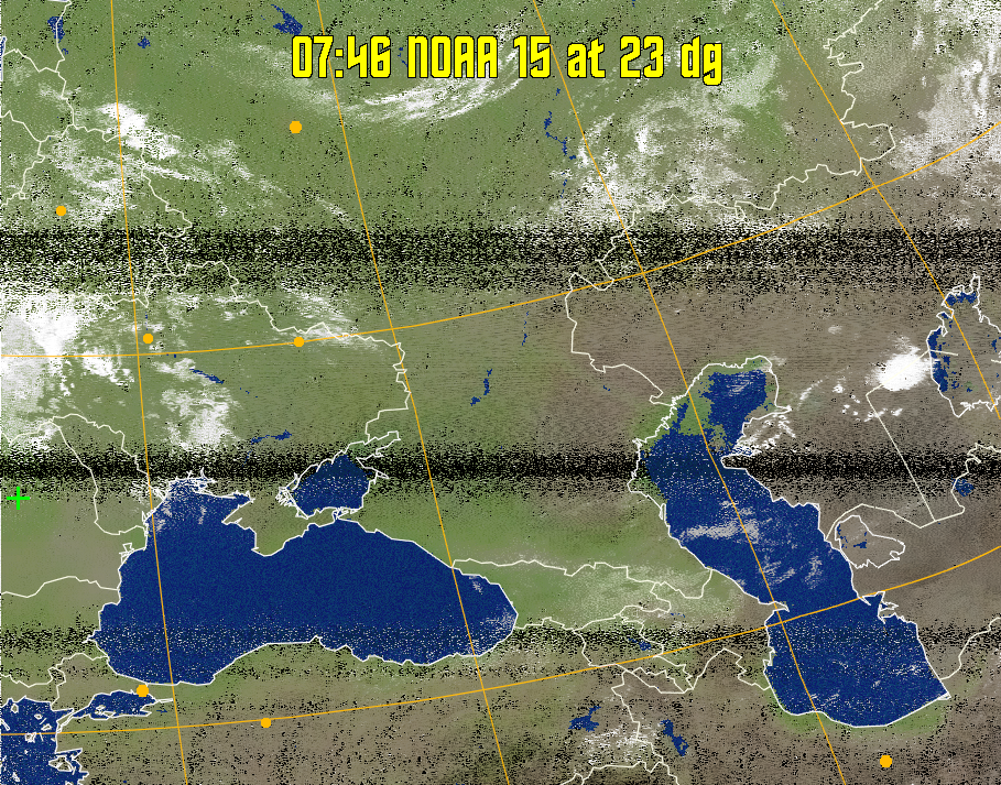 MCIR-precip: 
Colours the NOAA sensor 4 IR image using a map to colour the sea blue and land
green. High clouds appear white, lower clouds gray or land/sea coloured, clouds
generally appear lighter, but distinguishing between land/sea and low cloud may
be difficult. Darker colours indicate warmer regions.