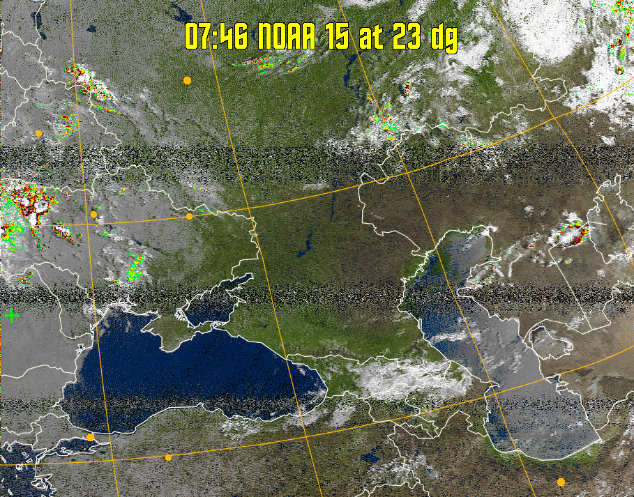MSA-precip:
Same as MSA multispectral analysis, but high cold cloud tops are coloured the
same as the NO enhancement to give an approximate indication of the probability
and intensity of precipitation.