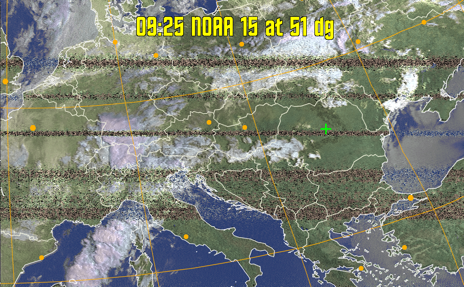 HVCT:
Similar to HVC, but with blue water and with colours more indicative of
land temperatures.
HVC:
Creates a false colour image from NOAA APT images based on temperature using
the HVC colour model. Uses the temperature derived from the sensor 4 image to
select the hue and the brightness from the histogram equalised other image to
select the value and chroma. The HVC colour model attempts to ensure that different colours at the same value will appear to the eye to be the same brightness
and the spacing between colours representing each degree will appear to the eye to
be similar. Bright areas are completely unsaturated in this model.