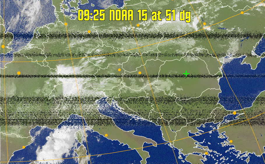 MCIR-precip: 
Colours the NOAA sensor 4 IR image using a map to colour the sea blue and land
green. High clouds appear white, lower clouds gray or land/sea coloured, clouds
generally appear lighter, but distinguishing between land/sea and low cloud may
be difficult. Darker colours indicate warmer regions.