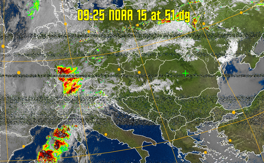 MSA-precip:
Same as MSA multispectral analysis, but high cold cloud tops are coloured the
same as the NO enhancement to give an approximate indication of the probability
and intensity of precipitation.
