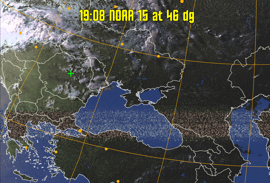 HVCT:
Similar to HVC, but with blue water and with colours more indicative of
land temperatures.
HVC:
Creates a false colour image from NOAA APT images based on temperature using
the HVC colour model. Uses the temperature derived from the sensor 4 image to
select the hue and the brightness from the histogram equalised other image to
select the value and chroma. The HVC colour model attempts to ensure that different colours at the same value will appear to the eye to be the same brightness
and the spacing between colours representing each degree will appear to the eye to
be similar. Bright areas are completely unsaturated in this model.