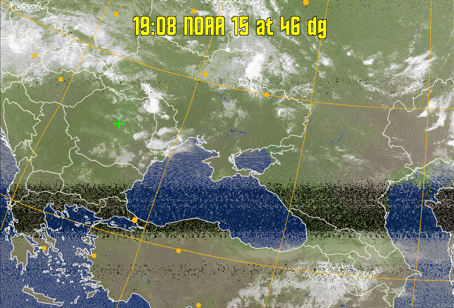 MCIR-precip: 
Colours the NOAA sensor 4 IR image using a map to colour the sea blue and land
green. High clouds appear white, lower clouds gray or land/sea coloured, clouds
generally appear lighter, but distinguishing between land/sea and low cloud may
be difficult. Darker colours indicate warmer regions.