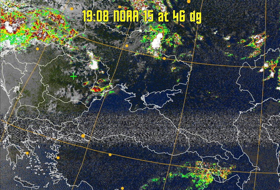 MSA-precip:
Same as MSA multispectral analysis, but high cold cloud tops are coloured the
same as the NO enhancement to give an approximate indication of the probability
and intensity of precipitation.