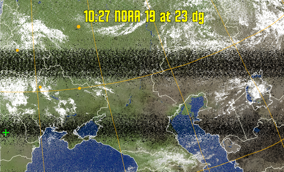 MCIR-precip: 
Colours the NOAA sensor 4 IR image using a map to colour the sea blue and land
green. High clouds appear white, lower clouds gray or land/sea coloured, clouds
generally appear lighter, but distinguishing between land/sea and low cloud may
be difficult. Darker colours indicate warmer regions.