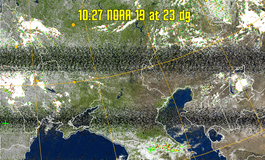 MSA-precip:
Same as MSA multispectral analysis, but high cold cloud tops are coloured the
same as the NO enhancement to give an approximate indication of the probability
and intensity of precipitation.