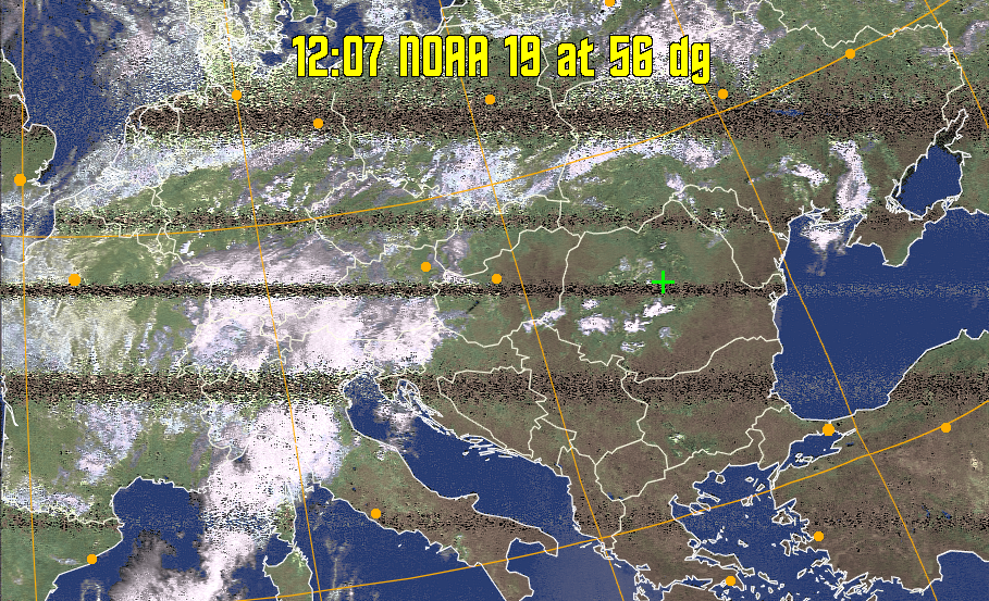 HVCT:
Similar to HVC, but with blue water and with colours more indicative of
land temperatures.
HVC:
Creates a false colour image from NOAA APT images based on temperature using
the HVC colour model. Uses the temperature derived from the sensor 4 image to
select the hue and the brightness from the histogram equalised other image to
select the value and chroma. The HVC colour model attempts to ensure that different colours at the same value will appear to the eye to be the same brightness
and the spacing between colours representing each degree will appear to the eye to
be similar. Bright areas are completely unsaturated in this model.