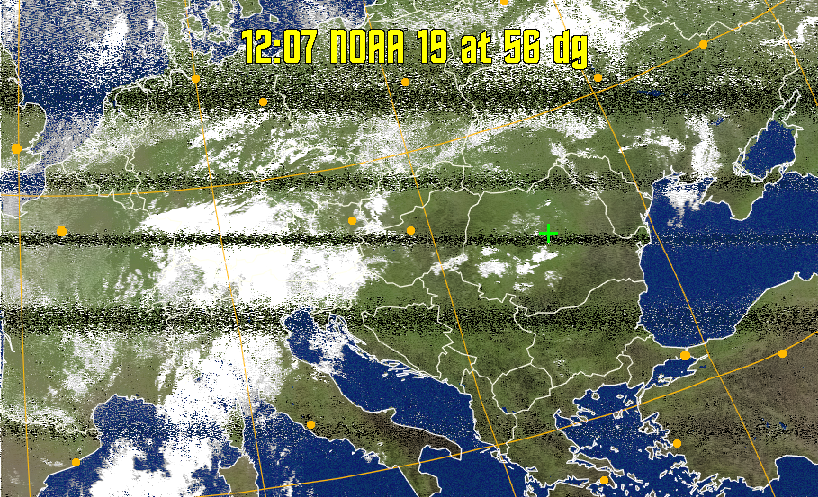 MCIR-precip: 
Colours the NOAA sensor 4 IR image using a map to colour the sea blue and land
green. High clouds appear white, lower clouds gray or land/sea coloured, clouds
generally appear lighter, but distinguishing between land/sea and low cloud may
be difficult. Darker colours indicate warmer regions.