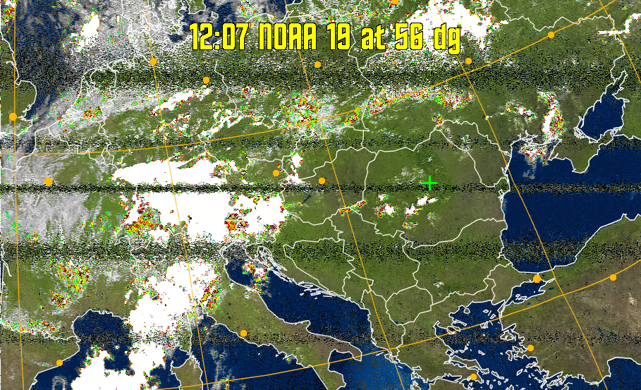 MSA-precip:
Same as MSA multispectral analysis, but high cold cloud tops are coloured the
same as the NO enhancement to give an approximate indication of the probability
and intensity of precipitation.