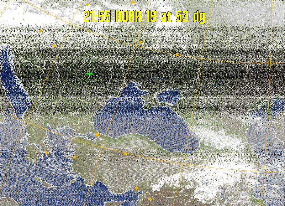 MCIR-precip: 
Colours the NOAA sensor 4 IR image using a map to colour the sea blue and land
green. High clouds appear white, lower clouds gray or land/sea coloured, clouds
generally appear lighter, but distinguishing between land/sea and low cloud may
be difficult. Darker colours indicate warmer regions.