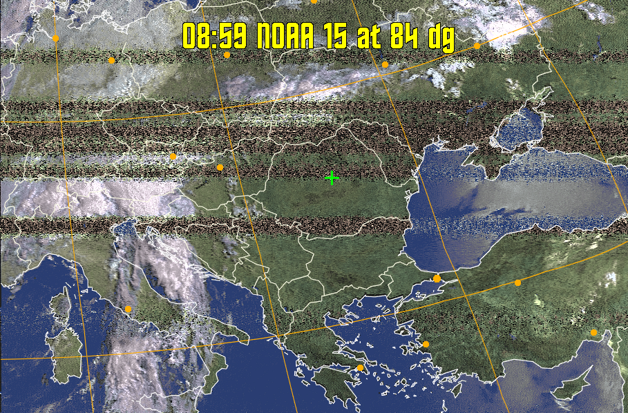 HVCT:
Similar to HVC, but with blue water and with colours more indicative of
land temperatures.
HVC:
Creates a false colour image from NOAA APT images based on temperature using
the HVC colour model. Uses the temperature derived from the sensor 4 image to
select the hue and the brightness from the histogram equalised other image to
select the value and chroma. The HVC colour model attempts to ensure that different colours at the same value will appear to the eye to be the same brightness
and the spacing between colours representing each degree will appear to the eye to
be similar. Bright areas are completely unsaturated in this model.