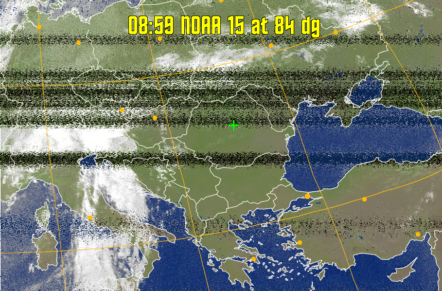 MCIR-precip: 
Colours the NOAA sensor 4 IR image using a map to colour the sea blue and land
green. High clouds appear white, lower clouds gray or land/sea coloured, clouds
generally appear lighter, but distinguishing between land/sea and low cloud may
be difficult. Darker colours indicate warmer regions.