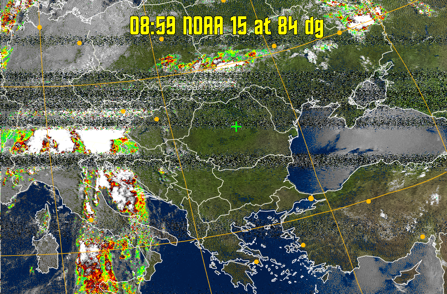 MSA-precip:
Same as MSA multispectral analysis, but high cold cloud tops are coloured the
same as the NO enhancement to give an approximate indication of the probability
and intensity of precipitation.