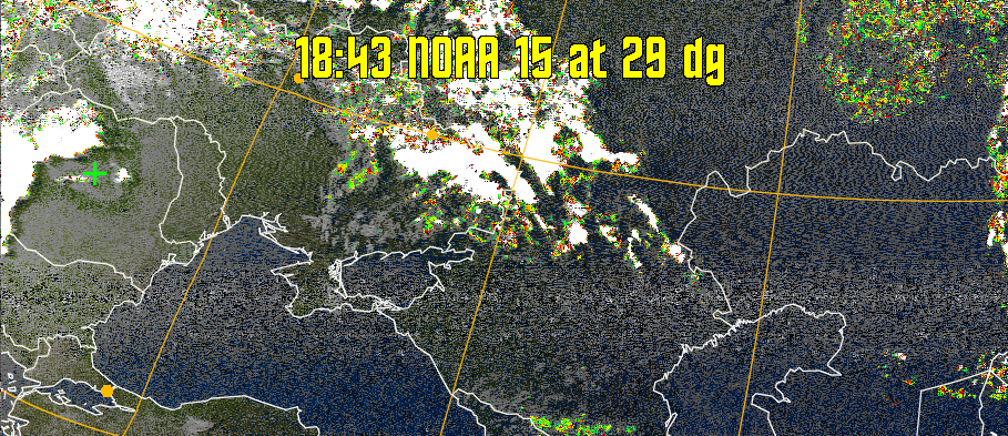 MSA-precip:
Same as MSA multispectral analysis, but high cold cloud tops are coloured the
same as the NO enhancement to give an approximate indication of the probability
and intensity of precipitation.