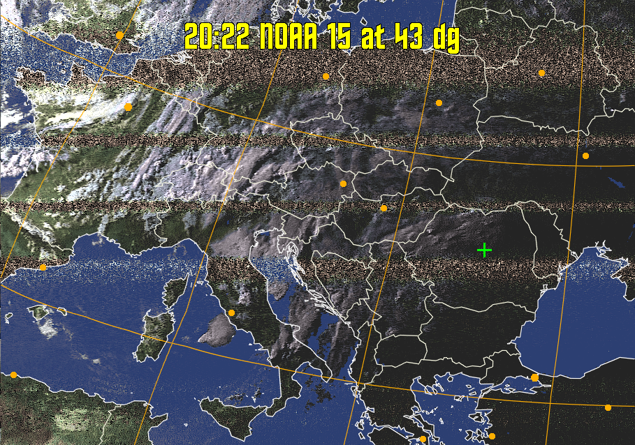 HVCT:
Similar to HVC, but with blue water and with colours more indicative of
land temperatures.
HVC:
Creates a false colour image from NOAA APT images based on temperature using
the HVC colour model. Uses the temperature derived from the sensor 4 image to
select the hue and the brightness from the histogram equalised other image to
select the value and chroma. The HVC colour model attempts to ensure that different colours at the same value will appear to the eye to be the same brightness
and the spacing between colours representing each degree will appear to the eye to
be similar. Bright areas are completely unsaturated in this model.
