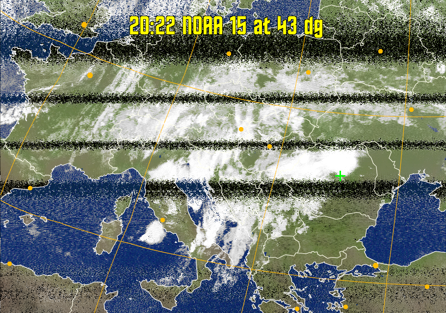 MCIR-precip: 
Colours the NOAA sensor 4 IR image using a map to colour the sea blue and land
green. High clouds appear white, lower clouds gray or land/sea coloured, clouds
generally appear lighter, but distinguishing between land/sea and low cloud may
be difficult. Darker colours indicate warmer regions.