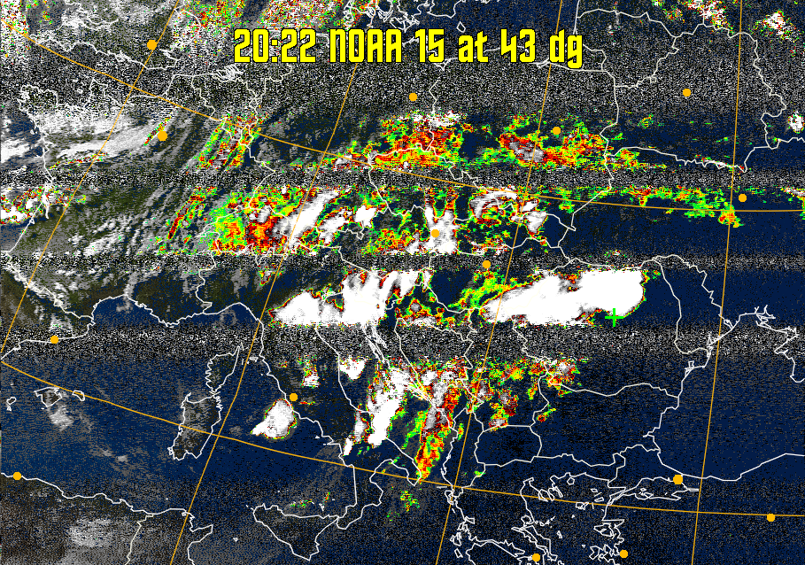 MSA-precip:
Same as MSA multispectral analysis, but high cold cloud tops are coloured the
same as the NO enhancement to give an approximate indication of the probability
and intensity of precipitation.