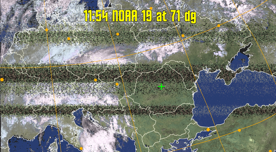 HVCT:
Similar to HVC, but with blue water and with colours more indicative of
land temperatures.
HVC:
Creates a false colour image from NOAA APT images based on temperature using
the HVC colour model. Uses the temperature derived from the sensor 4 image to
select the hue and the brightness from the histogram equalised other image to
select the value and chroma. The HVC colour model attempts to ensure that different colours at the same value will appear to the eye to be the same brightness
and the spacing between colours representing each degree will appear to the eye to
be similar. Bright areas are completely unsaturated in this model.