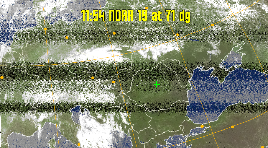 MCIR-precip: 
Colours the NOAA sensor 4 IR image using a map to colour the sea blue and land
green. High clouds appear white, lower clouds gray or land/sea coloured, clouds
generally appear lighter, but distinguishing between land/sea and low cloud may
be difficult. Darker colours indicate warmer regions.