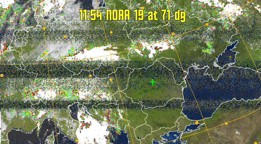 MSA-precip:
Same as MSA multispectral analysis, but high cold cloud tops are coloured the
same as the NO enhancement to give an approximate indication of the probability
and intensity of precipitation.