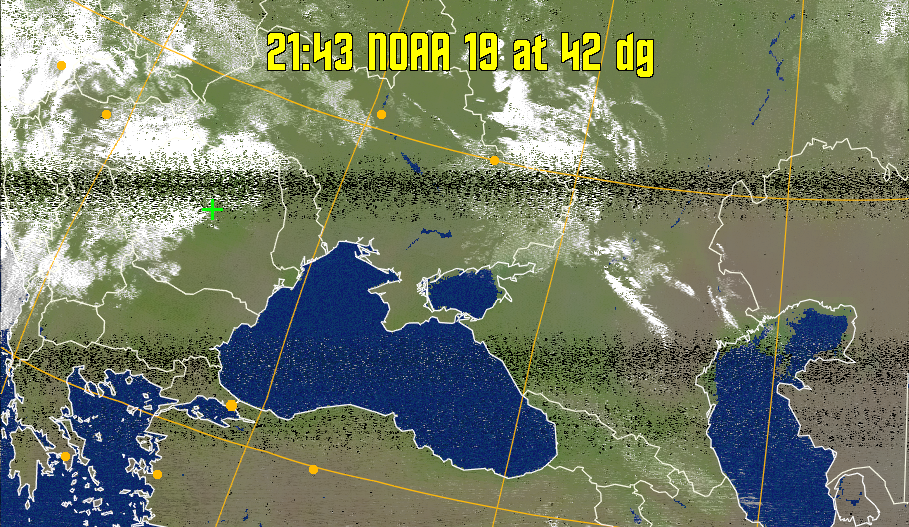 MCIR-precip: 
Colours the NOAA sensor 4 IR image using a map to colour the sea blue and land
green. High clouds appear white, lower clouds gray or land/sea coloured, clouds
generally appear lighter, but distinguishing between land/sea and low cloud may
be difficult. Darker colours indicate warmer regions.