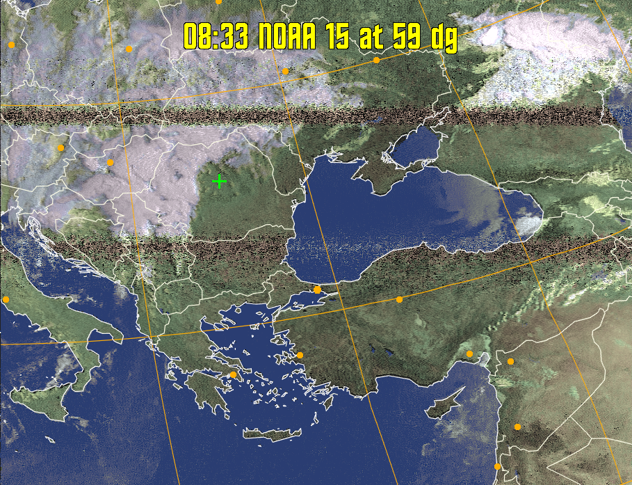 HVCT:
Similar to HVC, but with blue water and with colours more indicative of
land temperatures.
HVC:
Creates a false colour image from NOAA APT images based on temperature using
the HVC colour model. Uses the temperature derived from the sensor 4 image to
select the hue and the brightness from the histogram equalised other image to
select the value and chroma. The HVC colour model attempts to ensure that different colours at the same value will appear to the eye to be the same brightness
and the spacing between colours representing each degree will appear to the eye to
be similar. Bright areas are completely unsaturated in this model.