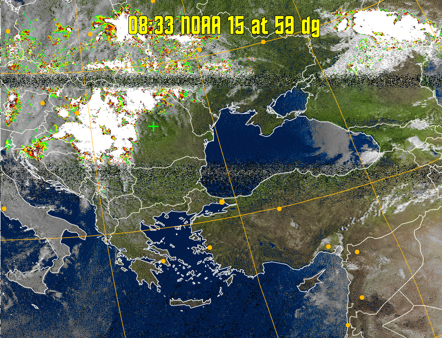 MSA-precip:
Same as MSA multispectral analysis, but high cold cloud tops are coloured the
same as the NO enhancement to give an approximate indication of the probability
and intensity of precipitation.