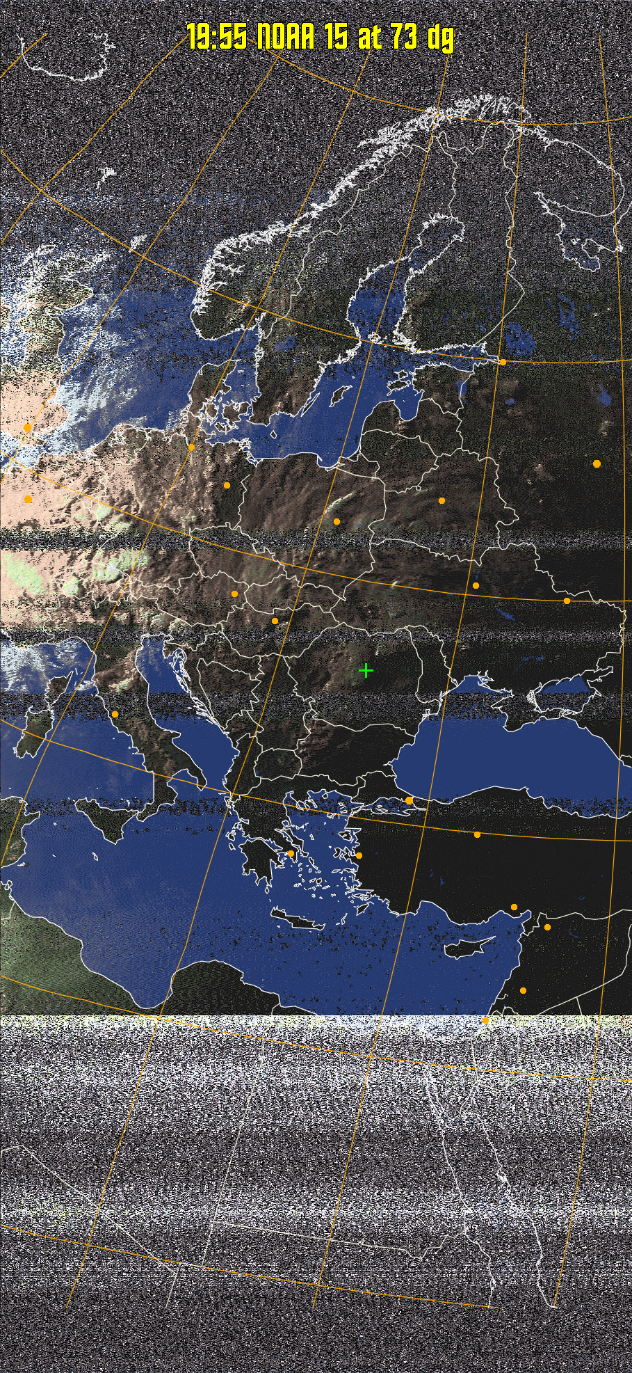 HVCT:
Similar to HVC, but with blue water and with colours more indicative of
land temperatures.
HVC:
Creates a false colour image from NOAA APT images based on temperature using
the HVC colour model. Uses the temperature derived from the sensor 4 image to
select the hue and the brightness from the histogram equalised other image to
select the value and chroma. The HVC colour model attempts to ensure that different colours at the same value will appear to the eye to be the same brightness
and the spacing between colours representing each degree will appear to the eye to
be similar. Bright areas are completely unsaturated in this model.