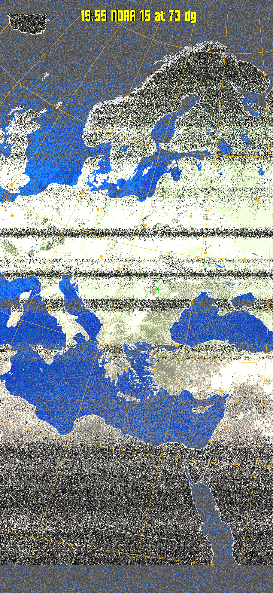 MCIR-precip: 
Colours the NOAA sensor 4 IR image using a map to colour the sea blue and land
green. High clouds appear white, lower clouds gray or land/sea coloured, clouds
generally appear lighter, but distinguishing between land/sea and low cloud may
be difficult. Darker colours indicate warmer regions.