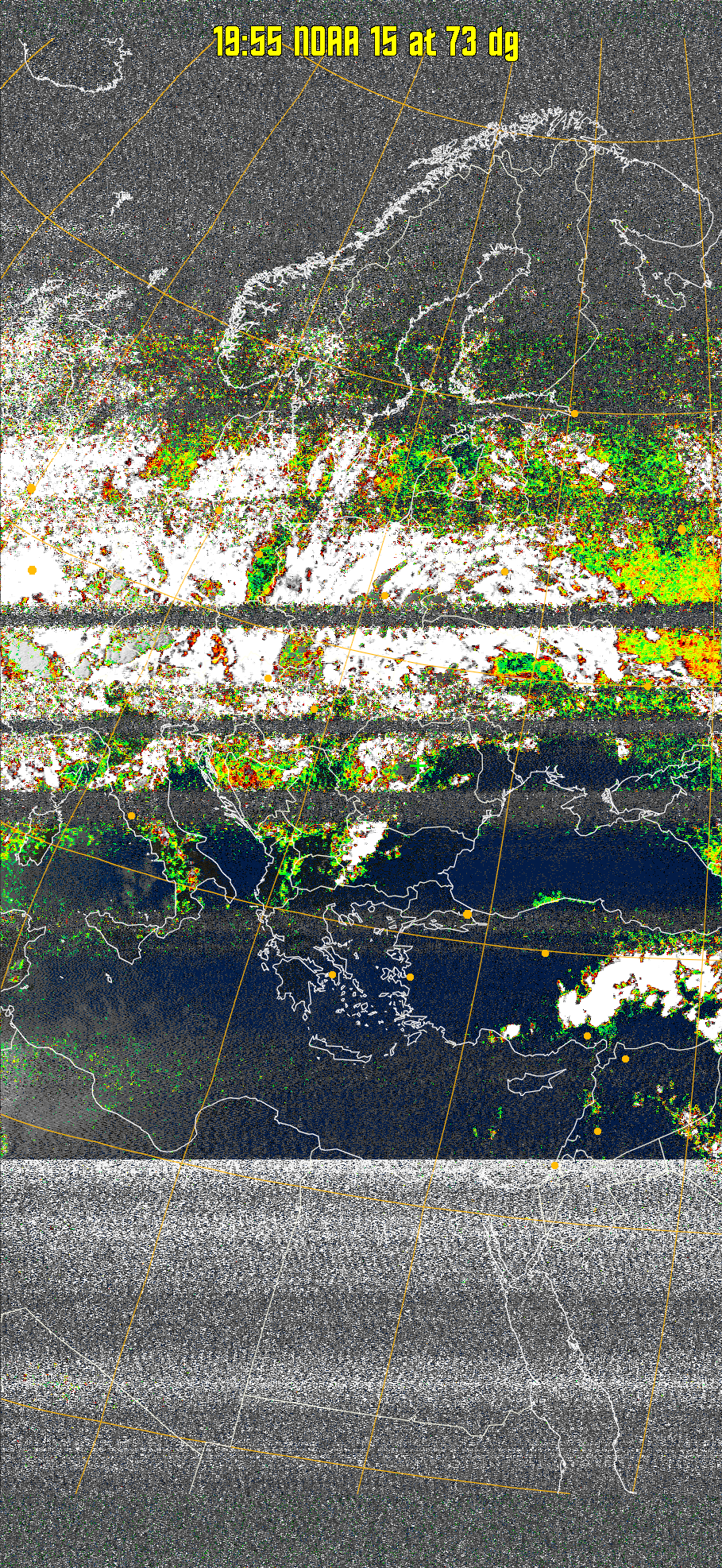 MSA-precip:
Same as MSA multispectral analysis, but high cold cloud tops are coloured the
same as the NO enhancement to give an approximate indication of the probability
and intensity of precipitation.