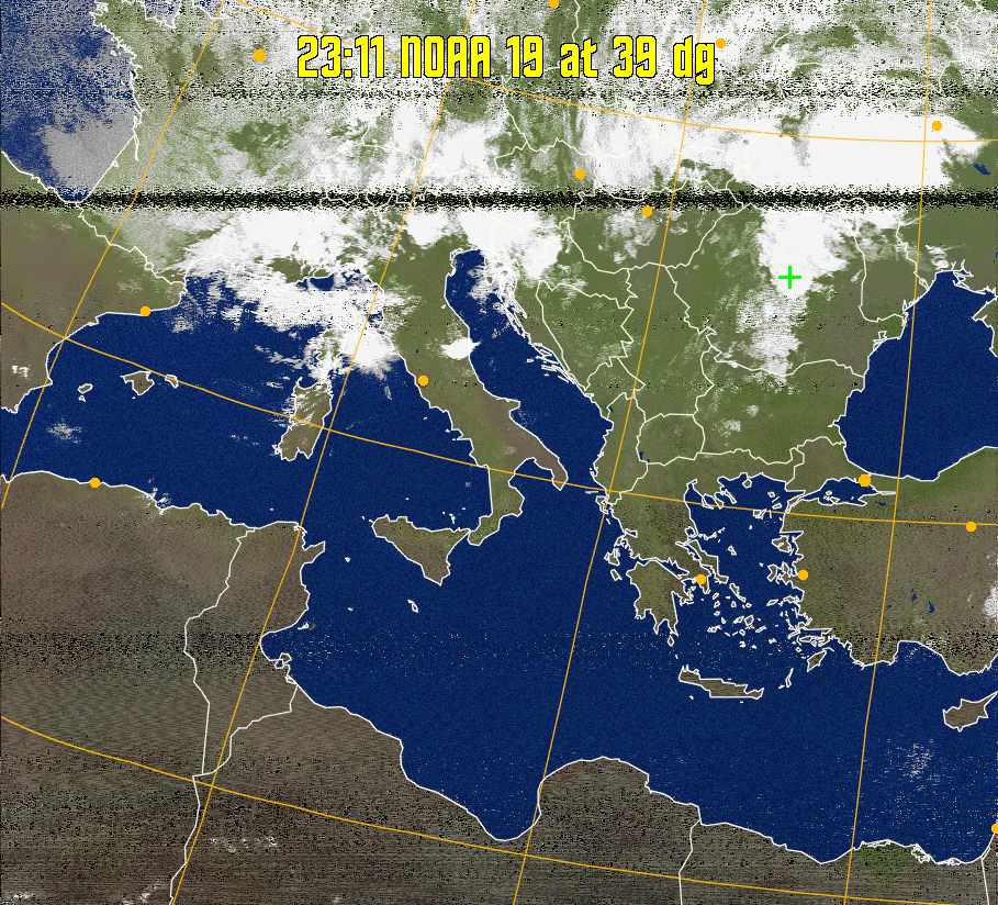MCIR-precip: 
Colours the NOAA sensor 4 IR image using a map to colour the sea blue and land
green. High clouds appear white, lower clouds gray or land/sea coloured, clouds
generally appear lighter, but distinguishing between land/sea and low cloud may
be difficult. Darker colours indicate warmer regions.
