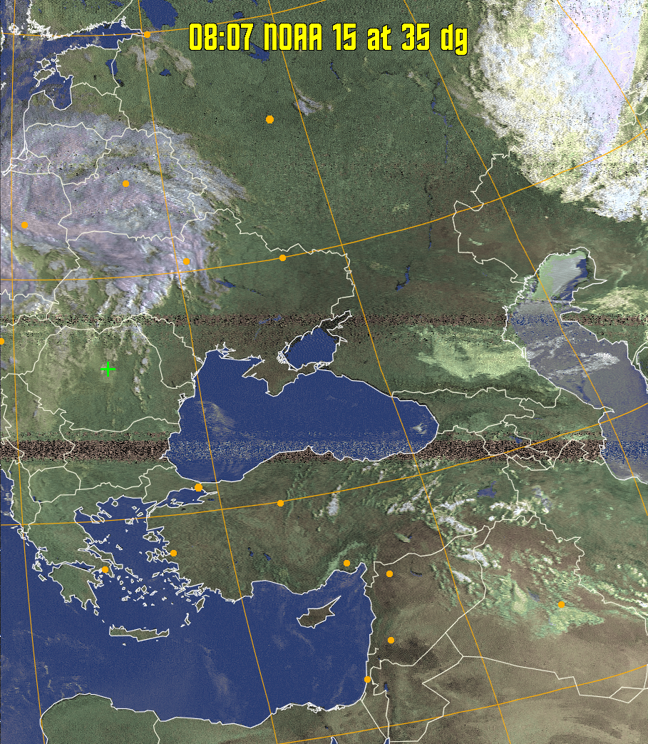 HVCT:
Similar to HVC, but with blue water and with colours more indicative of
land temperatures.
HVC:
Creates a false colour image from NOAA APT images based on temperature using
the HVC colour model. Uses the temperature derived from the sensor 4 image to
select the hue and the brightness from the histogram equalised other image to
select the value and chroma. The HVC colour model attempts to ensure that different colours at the same value will appear to the eye to be the same brightness
and the spacing between colours representing each degree will appear to the eye to
be similar. Bright areas are completely unsaturated in this model.