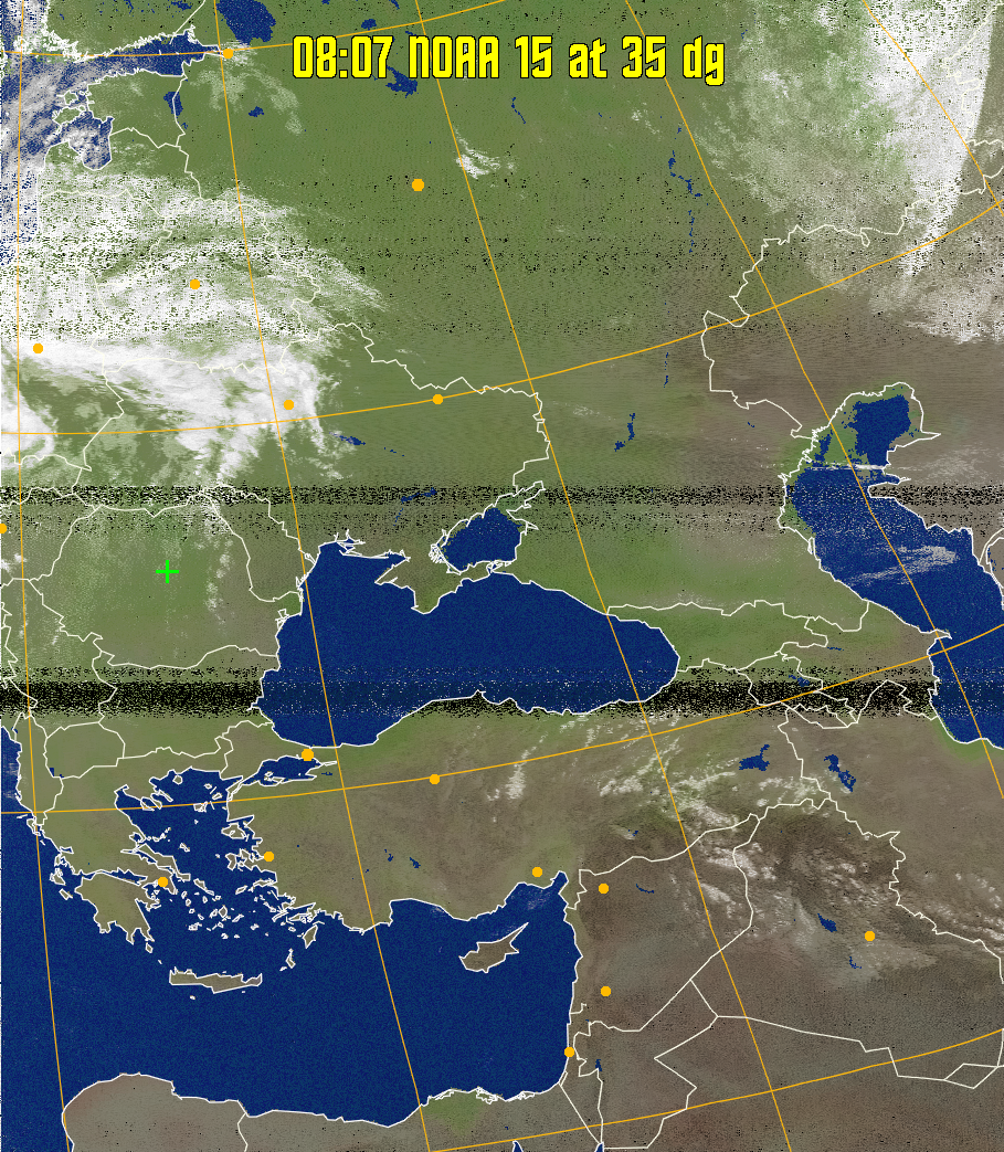 MCIR-precip: 
Colours the NOAA sensor 4 IR image using a map to colour the sea blue and land
green. High clouds appear white, lower clouds gray or land/sea coloured, clouds
generally appear lighter, but distinguishing between land/sea and low cloud may
be difficult. Darker colours indicate warmer regions.