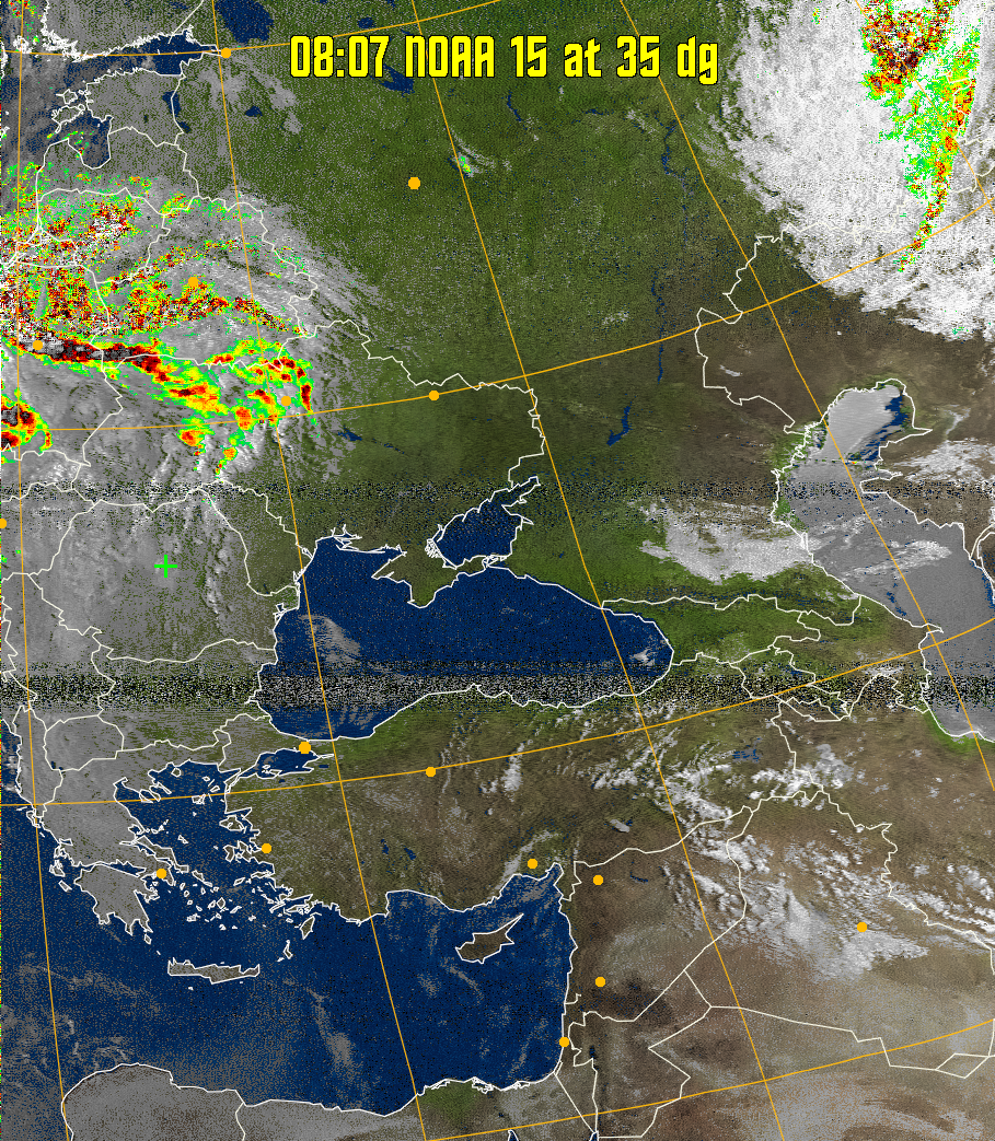 MSA-precip:
Same as MSA multispectral analysis, but high cold cloud tops are coloured the
same as the NO enhancement to give an approximate indication of the probability
and intensity of precipitation.