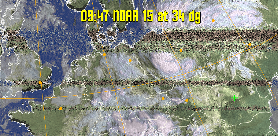 HVCT:
Similar to HVC, but with blue water and with colours more indicative of
land temperatures.
HVC:
Creates a false colour image from NOAA APT images based on temperature using
the HVC colour model. Uses the temperature derived from the sensor 4 image to
select the hue and the brightness from the histogram equalised other image to
select the value and chroma. The HVC colour model attempts to ensure that different colours at the same value will appear to the eye to be the same brightness
and the spacing between colours representing each degree will appear to the eye to
be similar. Bright areas are completely unsaturated in this model.