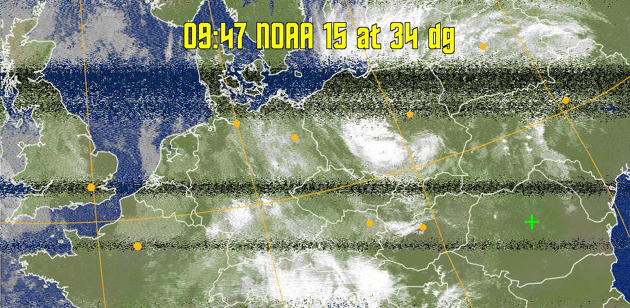 MCIR-precip: 
Colours the NOAA sensor 4 IR image using a map to colour the sea blue and land
green. High clouds appear white, lower clouds gray or land/sea coloured, clouds
generally appear lighter, but distinguishing between land/sea and low cloud may
be difficult. Darker colours indicate warmer regions.