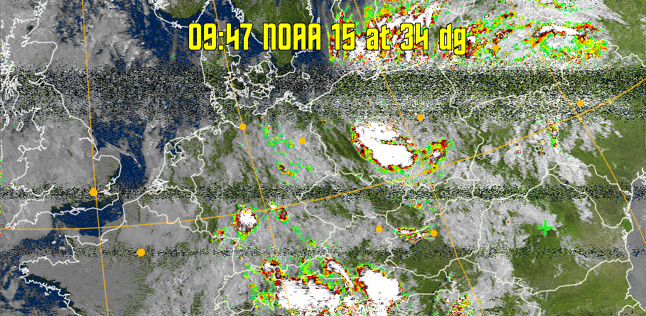MSA-precip:
Same as MSA multispectral analysis, but high cold cloud tops are coloured the
same as the NO enhancement to give an approximate indication of the probability
and intensity of precipitation.
